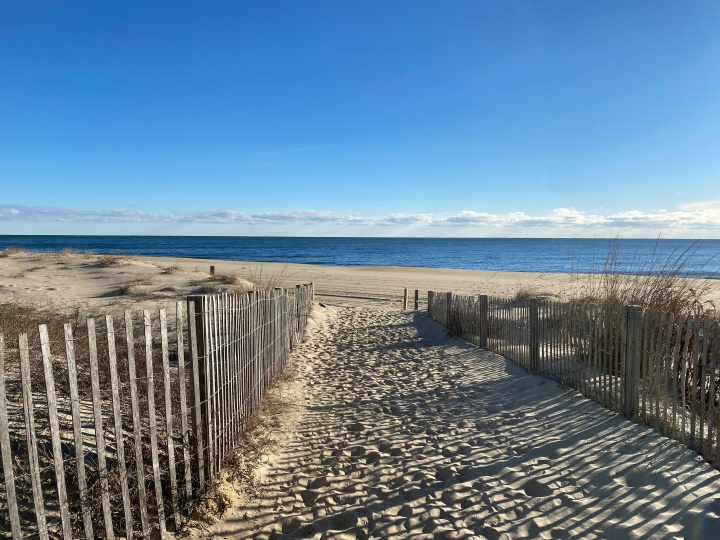 a sandy beach with wooden fenceposts on either side of a sandy path