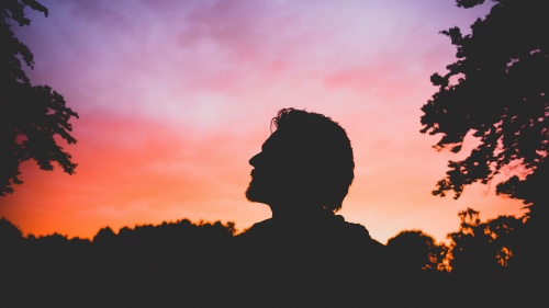 A silhouette of a man looking up.