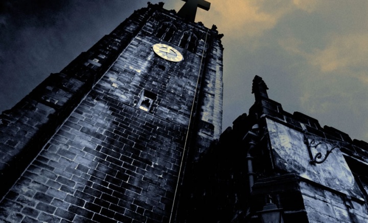 Old church tower at night.